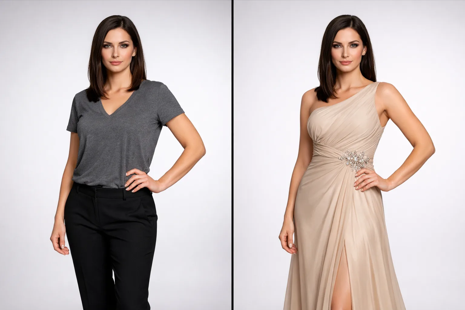 A woman using the dress try on online tool to preview a floral summer dress