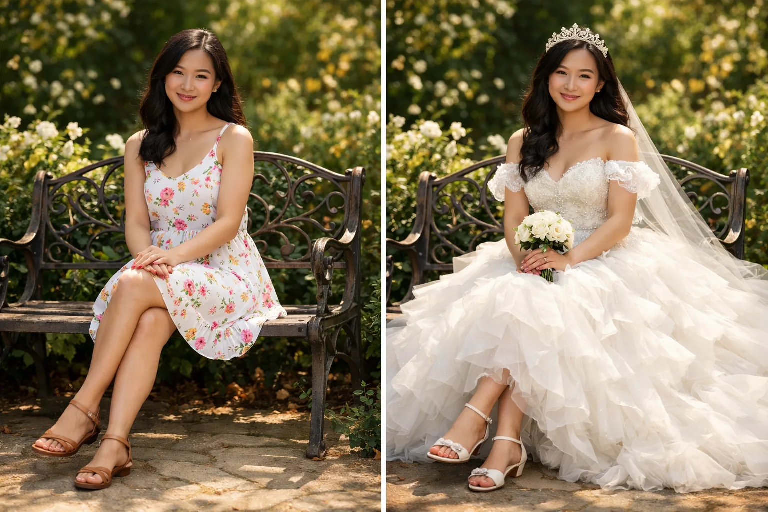 A virtual wedding dress try on preview showing a lace bridal gown on a model