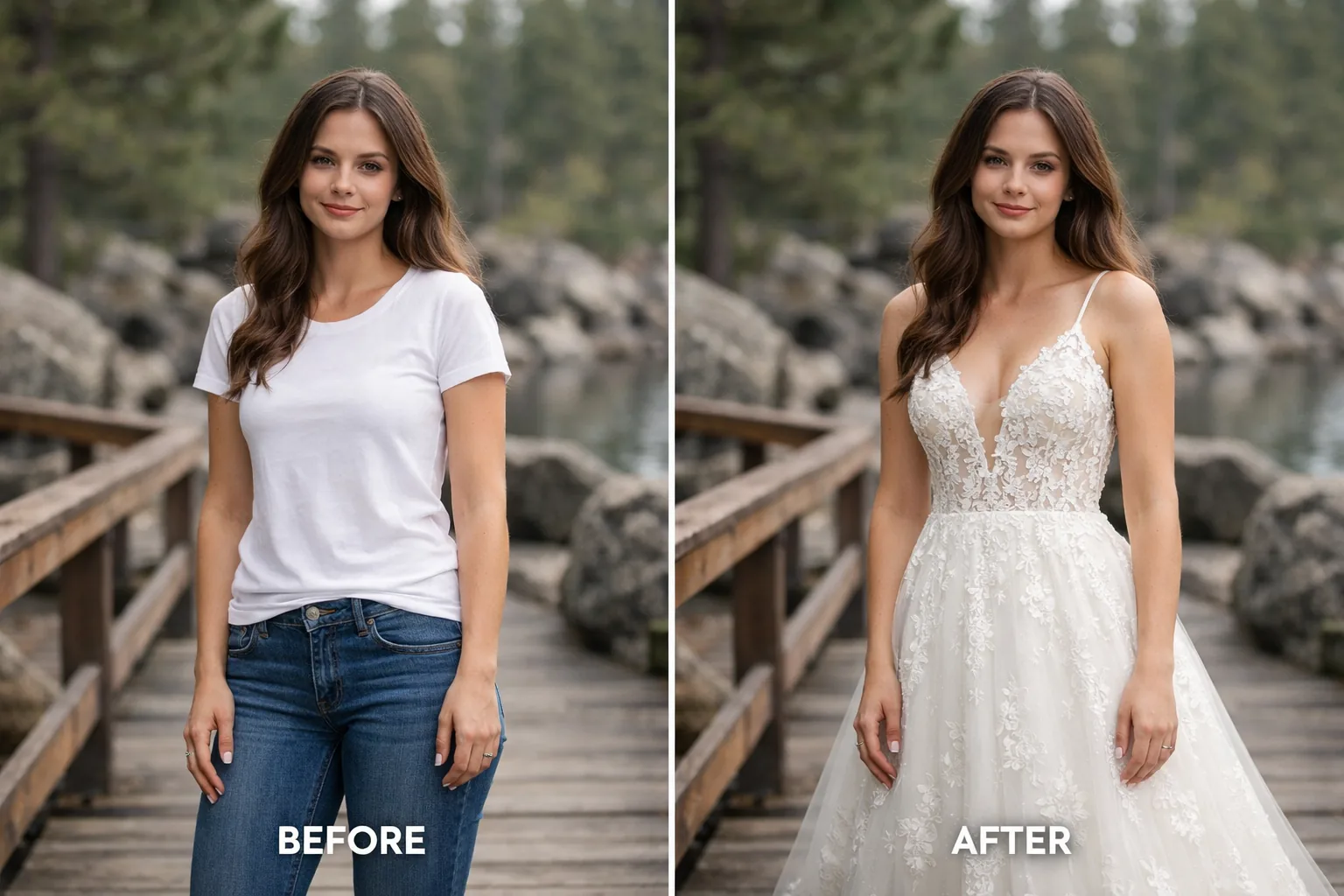 A virtual wedding dress try on preview showing a lace bridal gown on a model